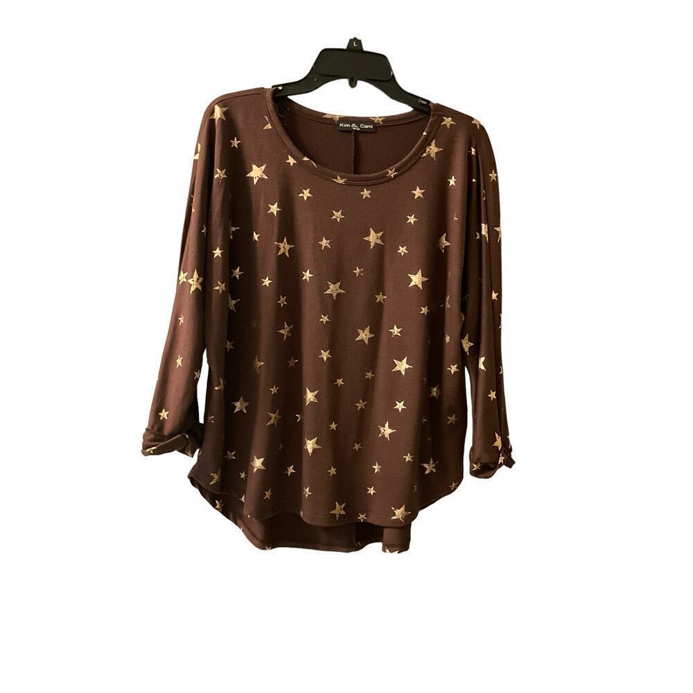 Kim‎ & Cami Blouse Top Women's L Brown Star Print Long Sleeve Crew Neck Ruffle